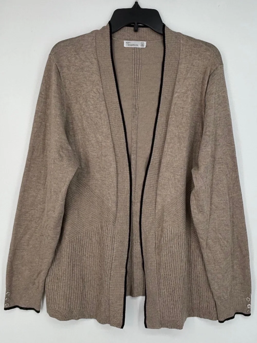 89th & Madison Womens XL Open Front Cardigan Sweater Taupe Heather Black Trim LS